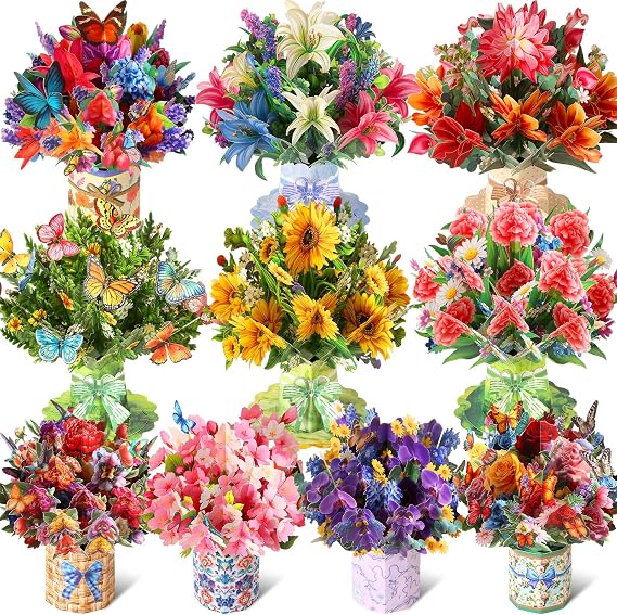 ROADPLUM 10 Pack 3D Pop Up Flower Bouquet Greeting Cards with Envelopes & Message Notes, Paper Flower Cards for Mother's Day, Birthday, Graduation, Anniversary, Congratulations, Get Well Gift