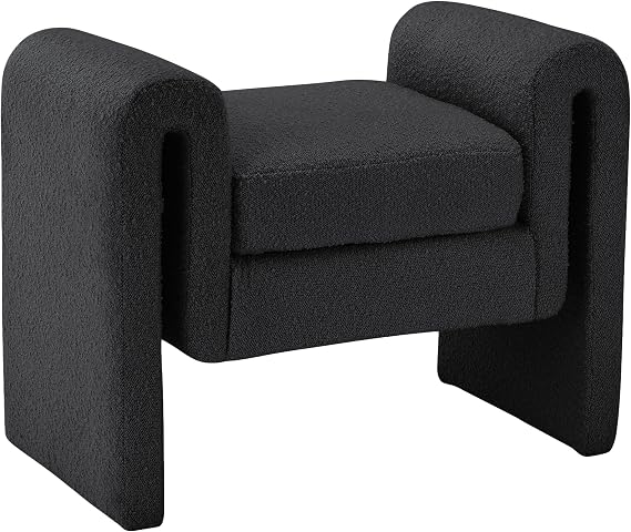 Meridian Furniture 148Black Stylus Collection Modern | Contemporary Boucle Fabric Upholstered Bench with Rich Black Boucle Fabric and Curved Arms, 31" W x 17" D x 24.5" H, Black