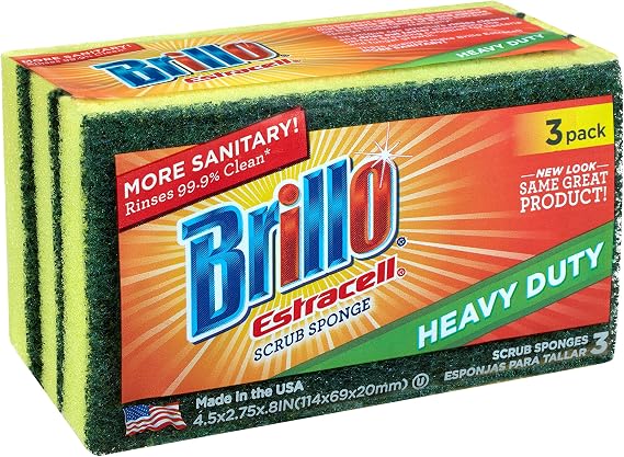 Brillo: Estracell Heavy Duty Scrub Sponge - 3ct - Yellow & Green Dual-Sided, Bacteria Resistant, Clean Tough Kitchen Messes, Dishes-Sink-Countertops
