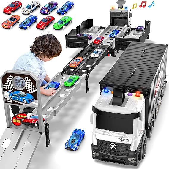 Carrier Truck Race Track Kids Toys, Toy Truck Transport & 8 Race Cars | Foldable 3 Layer Toddler Track Playset, Truck Car Toddlers Toys B-Day Gifts for Age 3 4 5 6+ Years Old Boys Girls