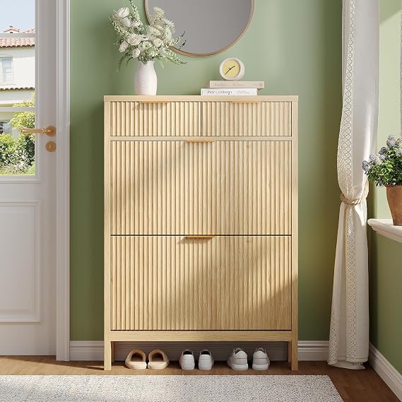 Natural Fluted Shoe Storage Cabinet with 2 Storage Drawers & 2 Flip Drawers