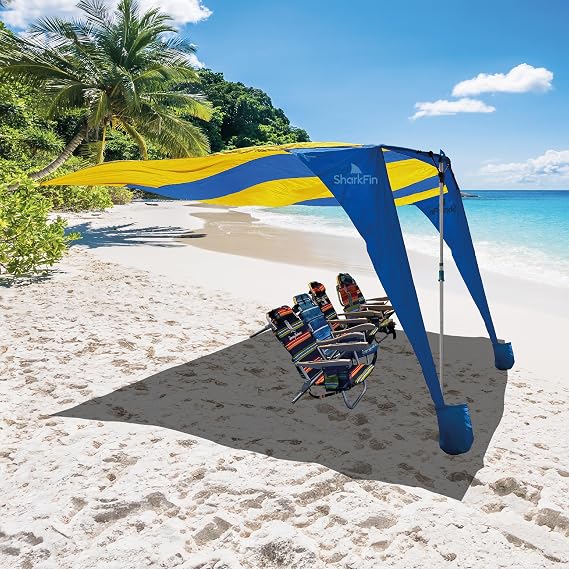 Shark FIN Shade Beach Tent Wind Sun Canopy Portable Easy Set Up UPF 50+ No Assembly Required 3-30 MPH - 1 to 8 People - Tie Downs Included - 2 Sizes Large 9' X 10' & Giant 13.5' X 10' PATENTS Pending