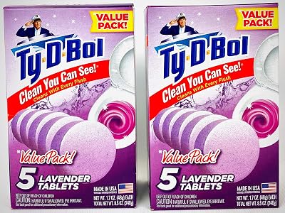 Ty D Bol Toilet Cleaning Tablets with Continuous Clean With Lavender color to deodorize your Toilets for a Fresh Smelling Bathroom 10 tabs 2-5 count packs