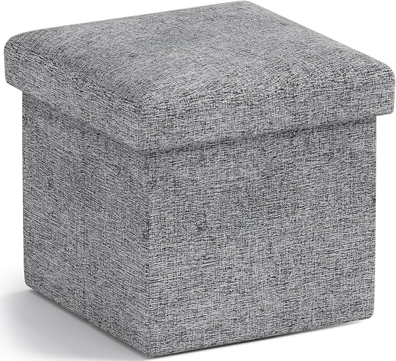 Ornavo Home Small Square Storage Ottoman, Foldable Linen, 12x12x12, Gray | Collapsible Cube Design; Foot Rest Stool Seat; Ideal for Living Room, Bedroom, Home Office or Dorm