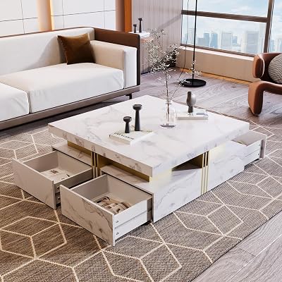 Merax White Coffee Table for Living Room, Modern Square Design with Storage Marbling