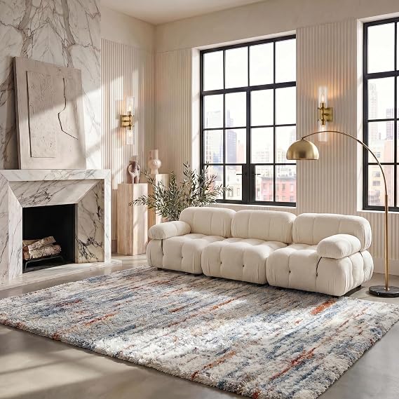 SAFAVIEH Area Rug 8x10 - Berber Shag Collection - Large - Blue Rust & Ivory, Modern Design, Non-Shedding & Easy Cleaning, Plush Thick Pile, Ideal for Living Room, Bedroom, Dining Space (BER577A)
