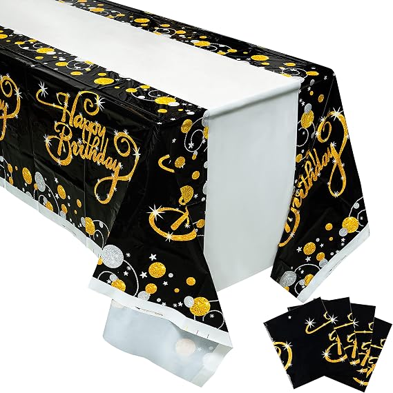 MALLMALL6 4Pcs Birthday Table Cover Set Happy Birthday Theme Bling Black and Golden Waterproof Tablecloth Party Supplies Large Plastic Rectangular Design Kitchen Picnic Decoration for kid Adult