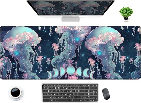Anime Denizanası Masa Matı Neon Mavi XL Büyük Genişletilmiş Oyun Mouse Pad Sevimli Okyanus Ay Paspasları Bilgisayar Dizüstü Bilgisayar Klavye Mouse Mat Masa Pedi 80 x 30 cm, Dikişli Kenarları Olan