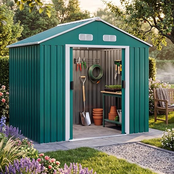 GARDEBRUK® 6x4ft Metal Garden Shed, Foundation, 200x135x190cm, Green | 4 Hooks, Apex Roof, Outdoor Storage for Garden Furniture, Bike Shed with Sliding Door, Galvanised Steel Shed for Garden Tools