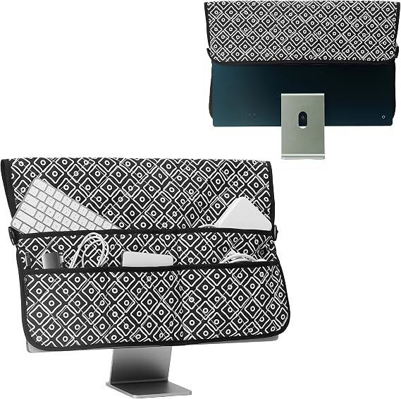 Monitor Dust Cover for iMac, Soft Monitor Dust Cover Protector up to iMac 24 inch, Universal 24 inch Computer Monitor Dust Covers with Multiple Pockets for Computer Accessories(Black)