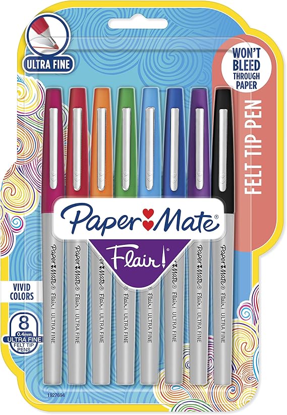 Paper Mate 62145 Flair Felt Tip Pens, Ultra Fine Point (0.4mm), Assorted Colors, 8 Count