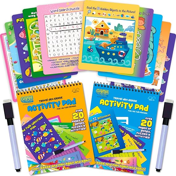 Travel Reusable Activity Books- 2 Pack - Travel Games for Kids, Roads Trip Car Games & Activities Must Haves Essentials, Airplane Activities for Kids, Includes 20+ Learning Games in Each Book