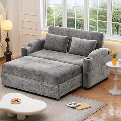 Merax 61.6 Pull Out Sleeper Sofa Bed, Modern Chenille Convertible Loveseat Sofa with Adjsutable Backrest, 2 Pillows, Cup Holders, USB Ports for Living Room, Apartment, Gray