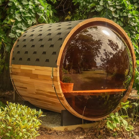 Panoramic Sauna 4 Person, Canadian Clear Cedar Barrel Sauna with Scenic Porch, ETL 6KW Toule Electric Heater, Triple Waterproof System for Outside, Outdoor (0-195 F)