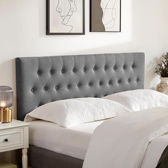 Tufted Upholstered Headboard King Size, Adjustable Height 37- 51 in, Gray