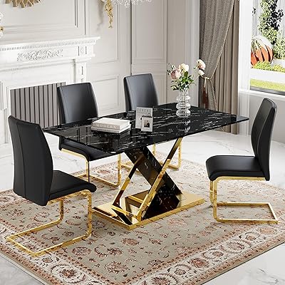JUFU Dining Table Set for 4, 63 Black Kitchen Table with Faux Marble Tabletop and Upholstered PU Leather Chairs, 5 Piece Modern Dinner Set with X-Shaped Golden Base for Dining Room, Kitchen