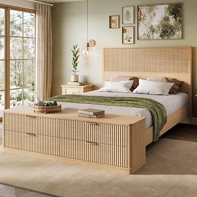 LINSY Storage Bed Frame Queen Bedframe with Drawers, Tall Bed Frame Queen-Size with Headboard and Footboard Bench, Fluted Boho Bed Frames Wooden Platform Beds with Storage, No Box Spring, Light Wood
