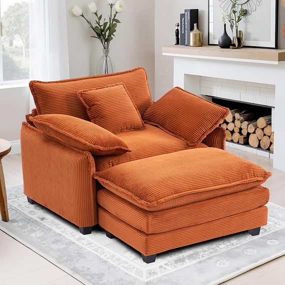 Modern Oversized Chair with Ottoman - 41" W Comfy Corduroy Accent Chair, Single Sofa Armchair, Large Upholstered with Extra Thick and Deep Seat for Living Room,Bedroom (Orange Red)