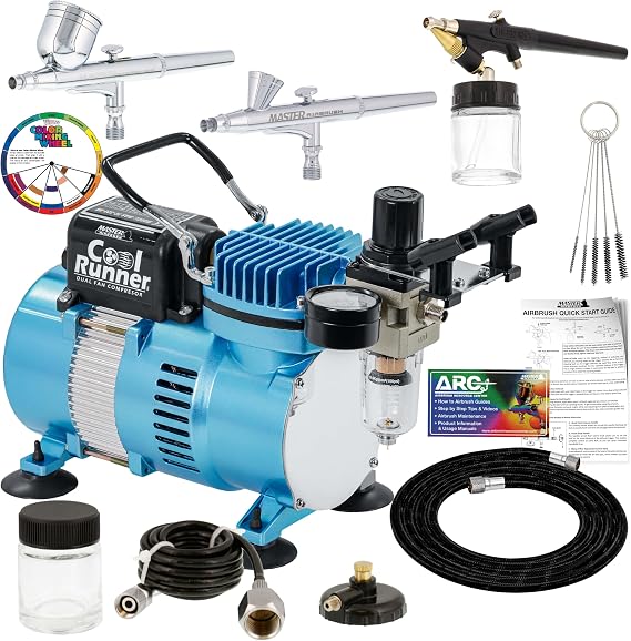Master Airbrush Cool Runner II Airbrush Kit with Dual Fan Air Compressor, 3 Airbrushes, Cleaning Brushes, Holder, Color Mixing Wheel & How-To Air Brush Manual, Gravity & Siphon Feed