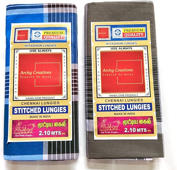Premium Cotton Stitched Handloom Lungi, Traditional Chennai Style, 2.10 Meters, Blue Striped, Pack of 2