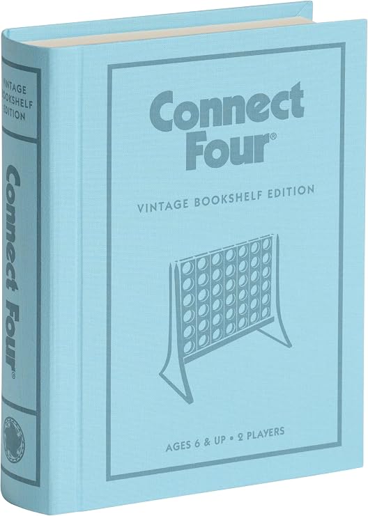 WS Game Company Connect 4 Vintage Bookshelf Edition Vertical Strategy Game | Classic Four-in-a-Row Game, Linen-Wrapped Book Box, Retro Design, Integrated Storage, 2 Players, Adults and Kids 6 and Up
