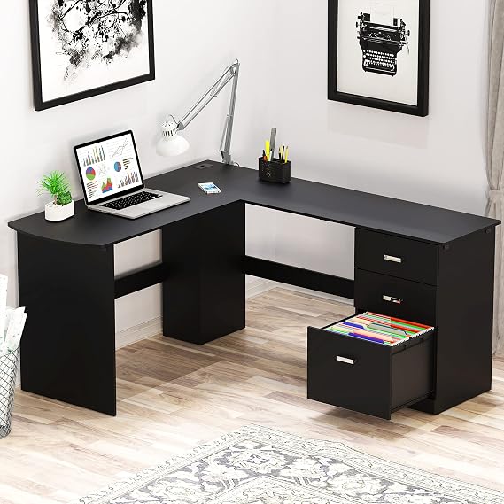 SHW L-Shaped Home Office Wood Corner Desk w/Box Box File Drawers, Black