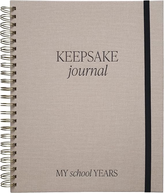 Sweet Water Decor Kid's Keepsake Memory Journal, Cute Prompted Entry Notebook for Moms and Parents, 14 White Craft Envelopes for Capturing Memories, Tan Fabric Spiral Bound Diary with Gold Foil Detail