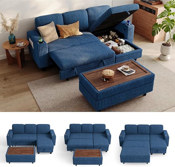 LINSY HOME Sectional Sleeper Sofa with Pull Out Couch Bed for Living Room (Blue)