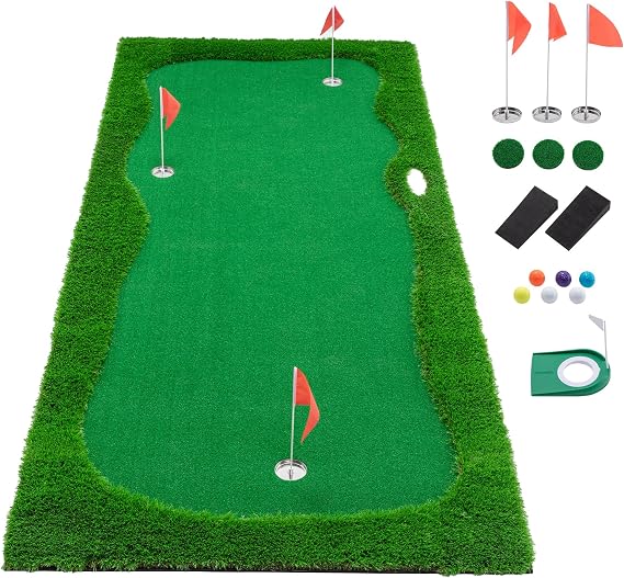 Golf Putting Green Mat, Large Professional Golf Training Mat with 3 Holes, 3 Flags,1 Movable Cup and 2 Slope Pad for Indoor Outdoor Putting Practice