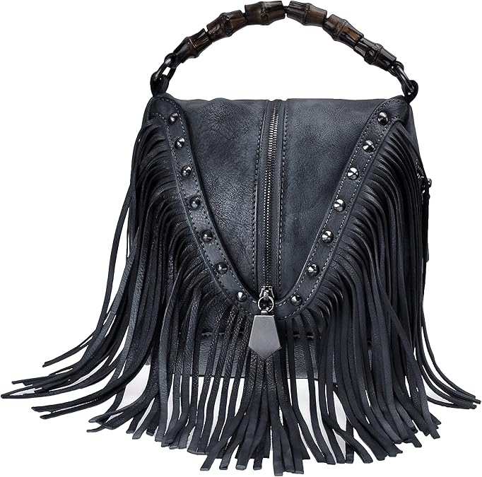 ZLYC Women's Leather Bamboo Hand Strap Featured Fringe Bohemian Tassel Studed Cross Body Bag