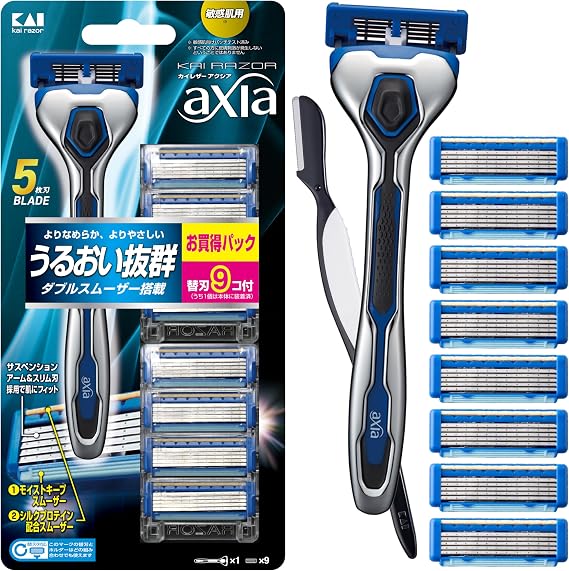 KAI Axia Value Pack Slim Razor, 9 Replacement Blades, Includes Bonus Men's Razor, Beard Razor, T-Shape, 5 Blades, Kai Razor