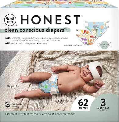 The Honest Company Clean Conscious Diapers for Sensitive Skin | Hypoallergenic, Fragrance Free | Spring 25 Limited Edition Prints | Club Box, Size 3 16-28 lbs, 62 Count