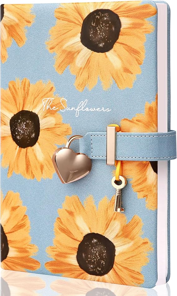 CAGIE Diary with Lock and Key PU Leather Kids Journal with Lock Personal Organizer Combination Travel Secret Notebook for Women, 5.7x8.4 in, Sunflower