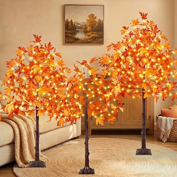 3 Pack 4/5/6FT 300 LED Lighted Maple Tree, Artificial Fall Tree Warm White