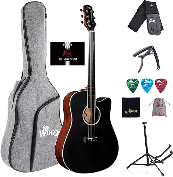 Winzz 41 inch Solid Spruce Acoustic Guitar with Three Pieces reinforced Okoume Neck (Black)
