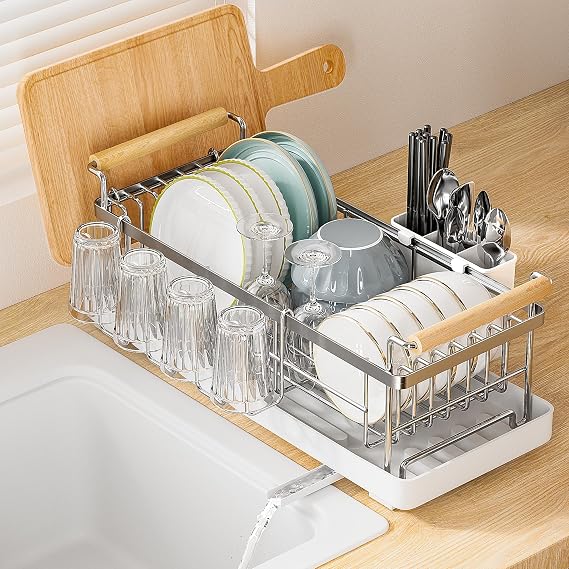 SURPN Dish Drying Rack, 304 Stainless Steel Dish Drainer with Rotatable Extendable Drain Tray, Large-Capacity Space-Saving Kitchen Organizer for Plates, Cups, Chopsticks & Cutting Boards
