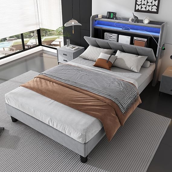 3ft Single Bed Frame with LED Concealed Storage Headboard&4 USB Ports, Velvet Fabric Functional Upholstered Platform Bed for Adults&Teenagers, Sturdy Metal-Wood Support, No Box Spring Needed, Grey