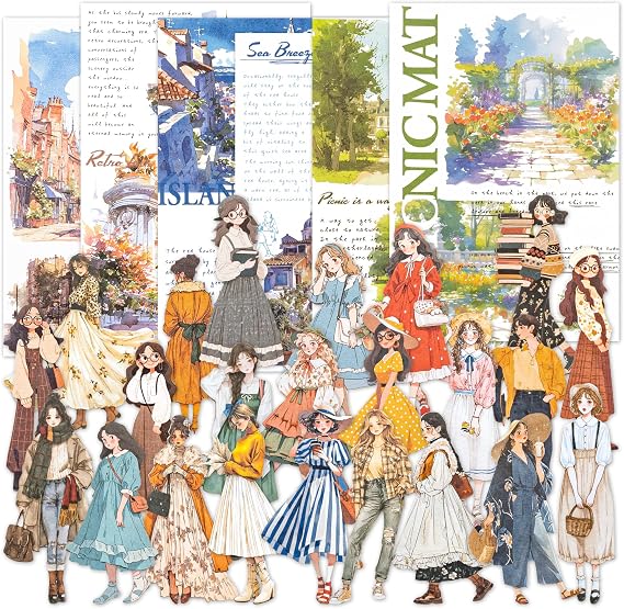 Mayplous 130pcs Scrapbooking Sticker & Paper Set, Fashion Women Character Cutout Stickers with Watercolor Scenery Scrapbook Paper for Journals, Collage, Planner & Card Making (Crowdy)