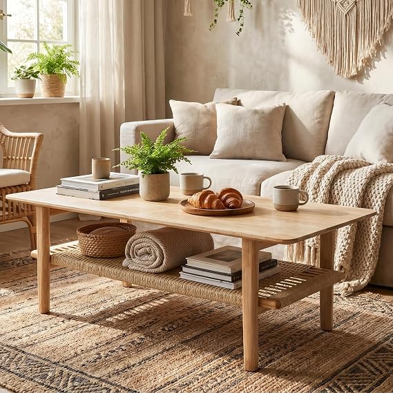 chairus Farmhouse Coffee Table Rectangular Living Room Table with Rattan Storage Solid Wood Center Table for Apartment, Home, Office, Natural