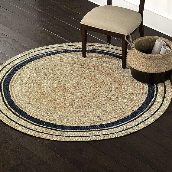 Round Area Rug Hand Woven 100% Natural Jute 3 Feet Round - Reversible Boho Jute Rugs - Eco Friendly Rugs for Bedroom Kitchen Living Room Farmhouse Home Decor (Beige and Black Line)
