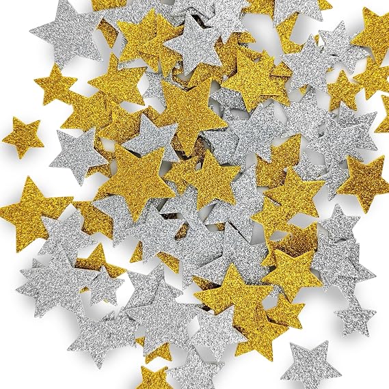 200 Pack Gold and Silver Star Stickers, 4-Size Glitter Foam Stickers for Scrapbooks, Crafts, Party Decoration (200, Gold,Silver)