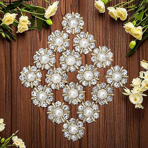100 pcs Rhinestone Pearl Buttons Accessory Decoration Set for DIY Scrapbooking Embellishments Wedding Bouquet Flower Centre Home Decor 12mm (100 Gold)