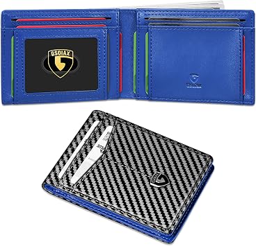 GSOIAX Novelty Slim Wallet for Men Leather Carbon Fiber RFID Blocking Minimalist Front Pocket Bifold mens Wallet with ID Window,12 Credit Card Holders with Gift Box Carbon Blue