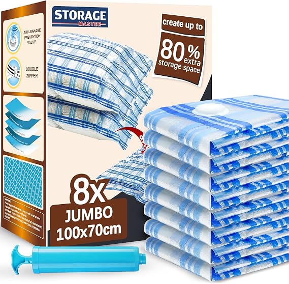 STORAGE MASTER Vacuum Storage Bags, Space Saver Bags 80% More Storage Space, With Hand Pump (8, Jumbo)