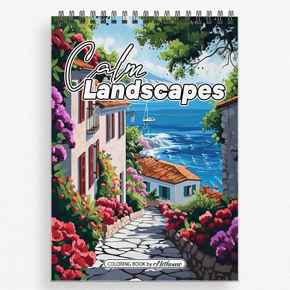 NETHOUSE Calm Landscapes Spiral Coloring Book for Adults Relaxation & Stress Relief, 30 Coloring Pages of Peaceful Beaches, Serene Mountains, Tranquil Forests, Soft Sunsets, Relaxing Nature Designs