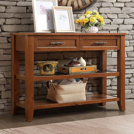 Mid-Century Style 42'' Solid Wood Console Sofa Table with 2 Storage Drawers and 2 Tiers Open Shelves for Living Room Furniture Kitchen Dining Room Entryway Hallway (Brown-2 Drawers)