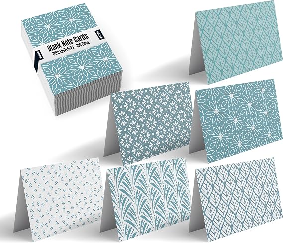 Better Office Products 100-Pack All Occasion Greeting Cards, Assorted Blank Note Cards, 4 x 6 inch, 6 Blue Hue Floral Designs, Blank Inside, with Envelopes, 100 Pack
