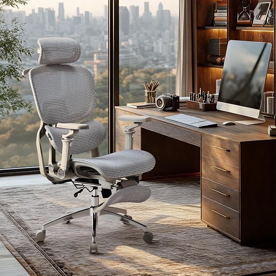 Furmax Ergonomic Office Chair, High Back Executive Chair with Heated Massage Lumbar Support, 6D Armrests, Adjustable Headrest & Footrest, Breathable Full-Mesh Design, Gray