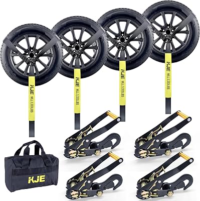 KJE 4 Pack Car Tie Down Straps for Trailers - Lasso Style Tire Ratchet Strap with Snap Hooks - 2 x 10 10,000LBS Break Strength - Wheel Straps for Hauling UTV, SUV, Truck, Any Cars