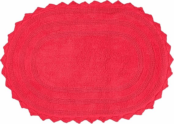 Royal Blaze Crochet Bath Rug 100% Cotton Reversible, 18x26 Red Oval Bath Mat, Reversible Plush Tufted Loop Design with Decorative Edges, Thick Bathroom Rug